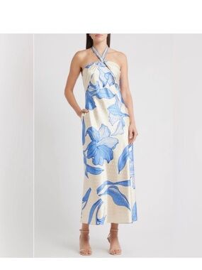Cream Halter Dress with Blue Floral Print — Elegant Summer Maxi/Midi